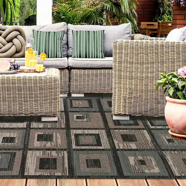 8' X 10' Color Block Beige And Teal Checkered Stain Resistant Area Rug