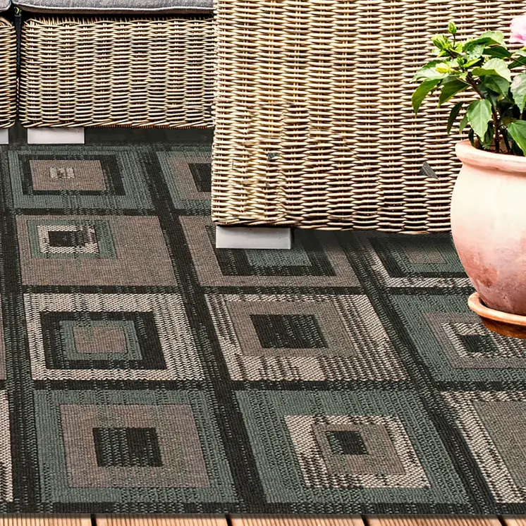 8' X 10' Color Block Beige And Teal Checkered Stain Resistant Area Rug