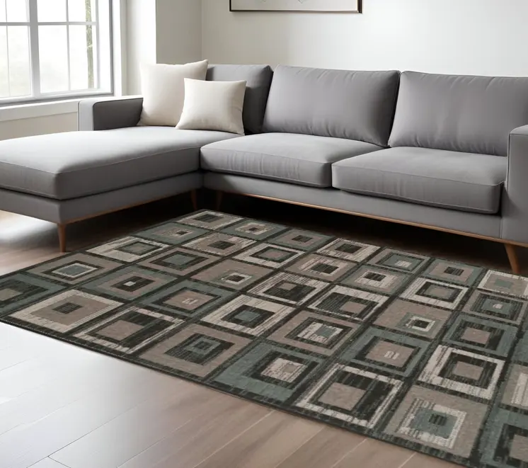 8' X 10' Color Block Beige And Teal Checkered Stain Resistant Area Rug