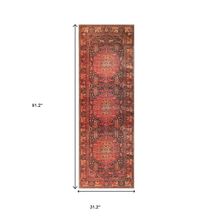 8' Brown Black And Brick Red Medallion Runner Rug