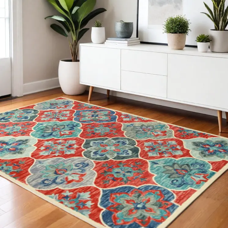 4' X 6' Blue And Rust Wool Geometric Tufted Stain Resistant Area Rug