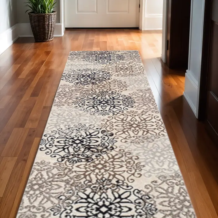10' Beige Black and Gray Floral Medallion Power Loom Runner Rug