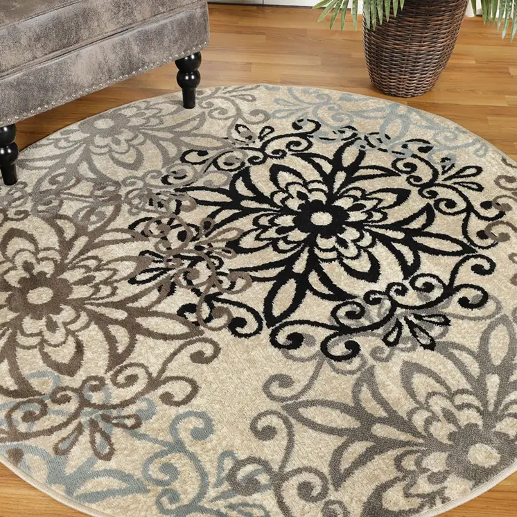 5' Tan And Gray Medallion Round Rug
