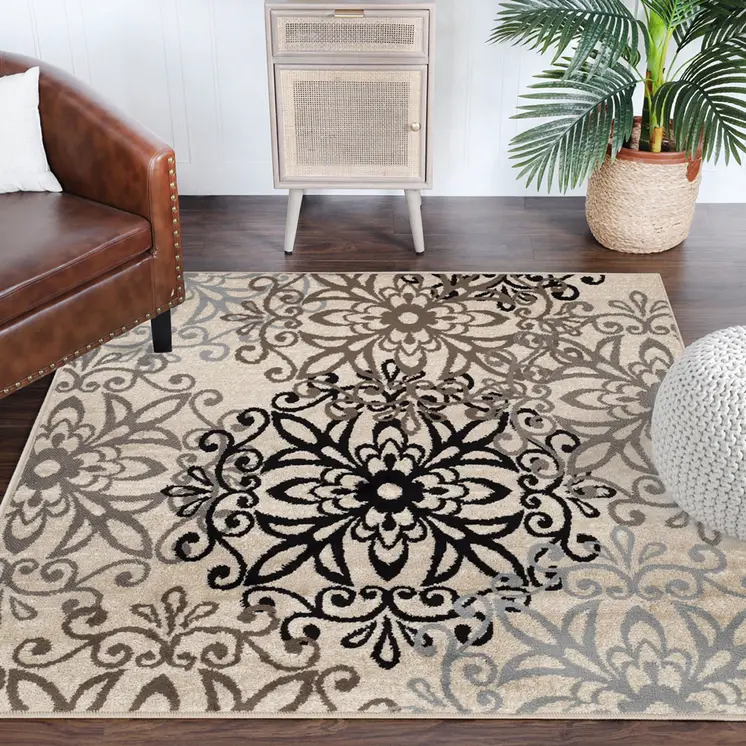 5' Tan And Gray Medallion Square Rug