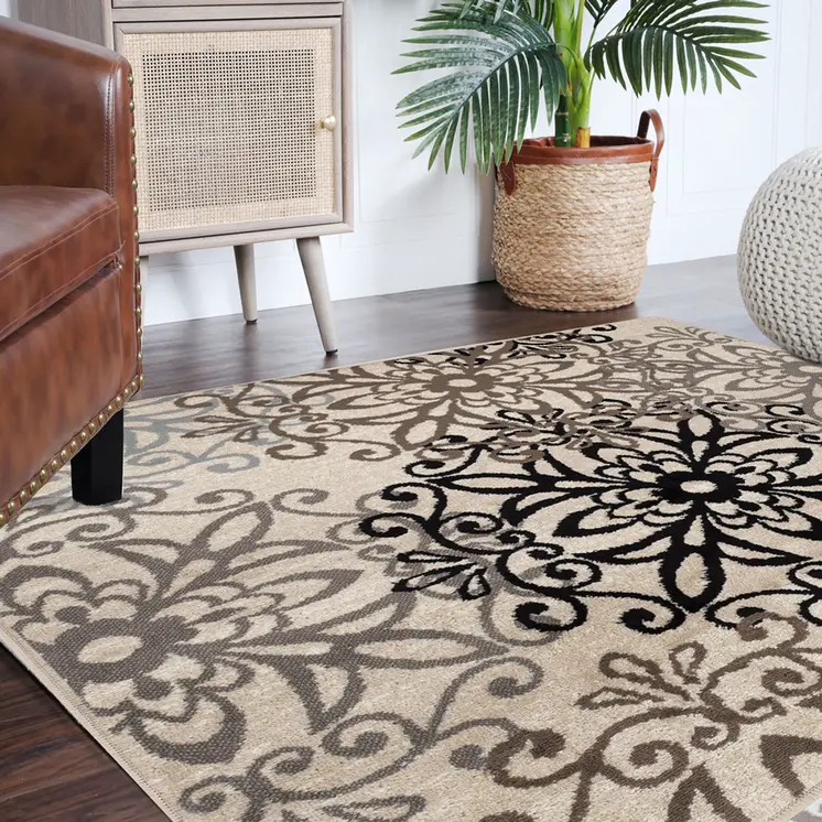 5' Tan And Gray Medallion Square Rug