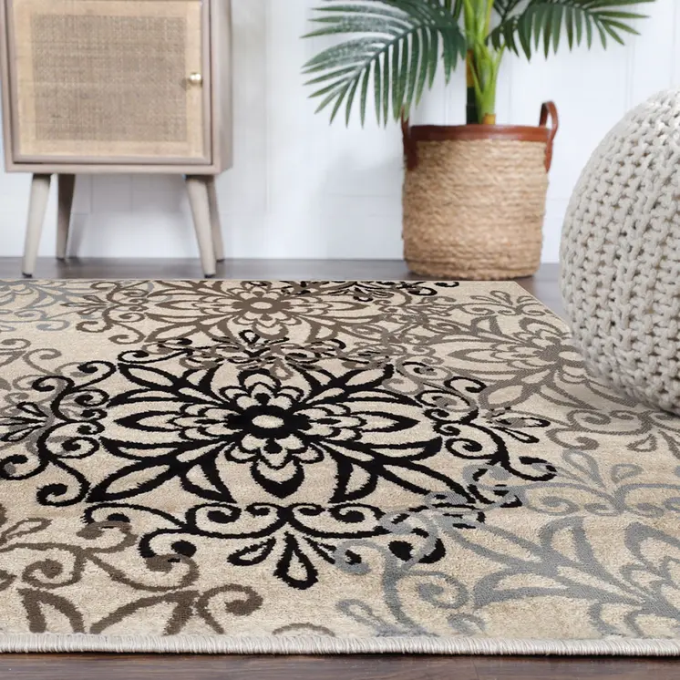 5' Tan And Gray Medallion Square Rug