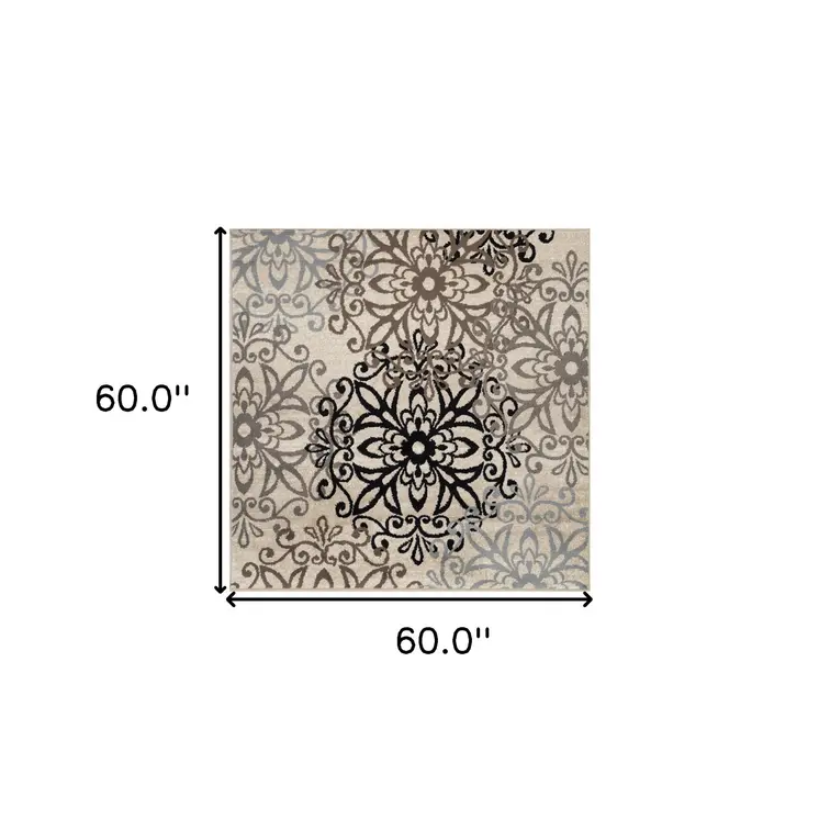 5' Tan And Gray Medallion Square Rug