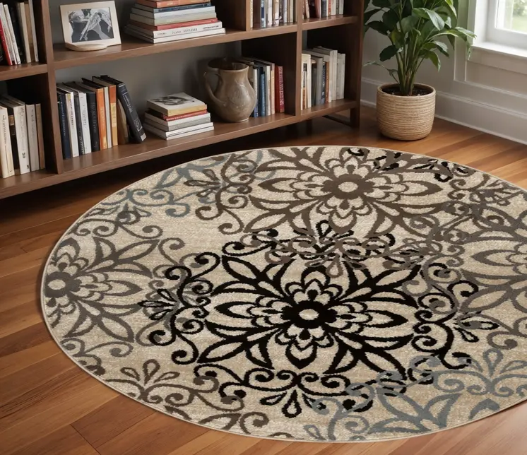 8' Beige Black And Gray Medallion Round Rug