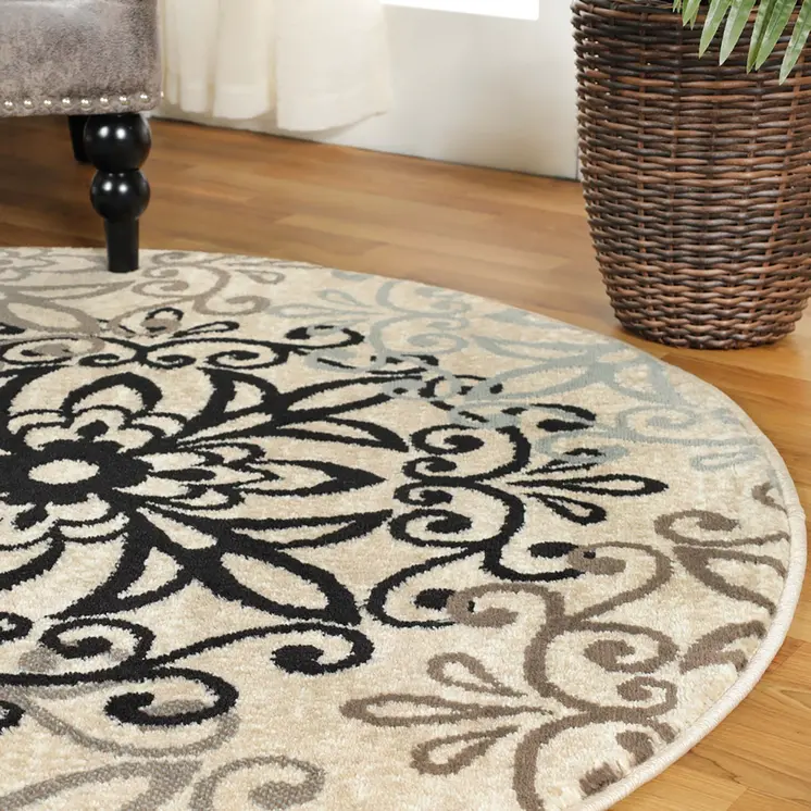 8' Beige Black And Gray Medallion Round Rug