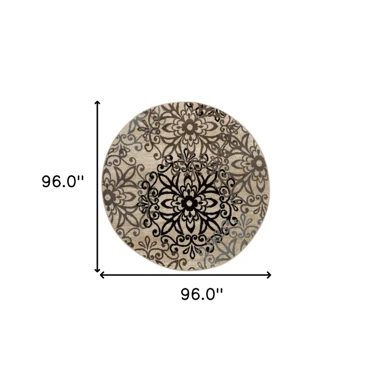 8' Beige Black And Gray Medallion Round Rug
