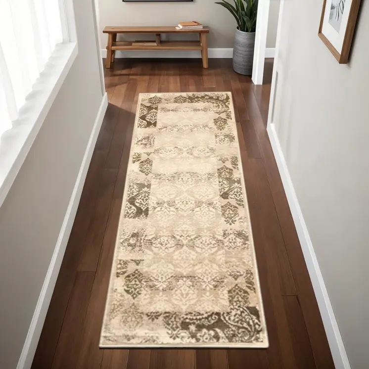 8' Beige Damask Power Loom Distressed Stain Resistant Runner Rug
