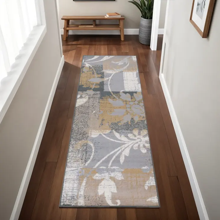 8' Beige And Gray Floral Power Loom Distressed Stain Resistant Runner Rug