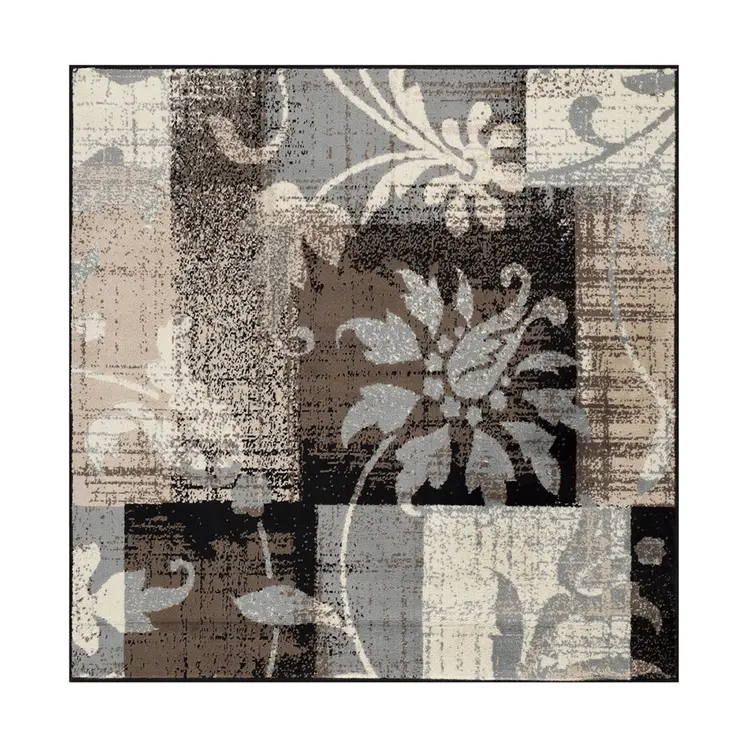 5' Beige And Black Floral Distressed Square Rug