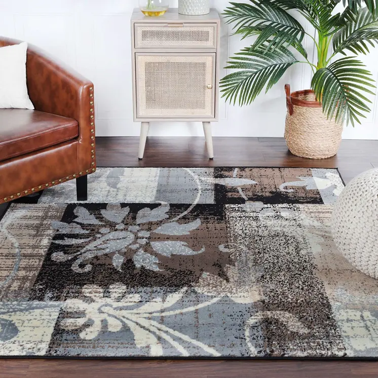 5' Beige And Black Floral Distressed Square Rug