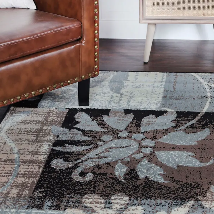 5' Beige And Black Floral Distressed Square Rug