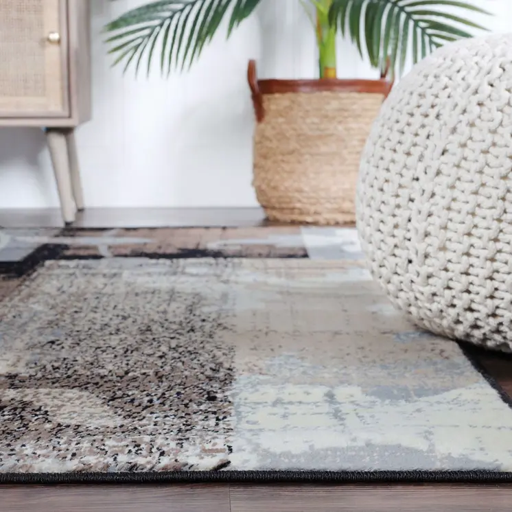 5' Beige And Black Floral Distressed Square Rug
