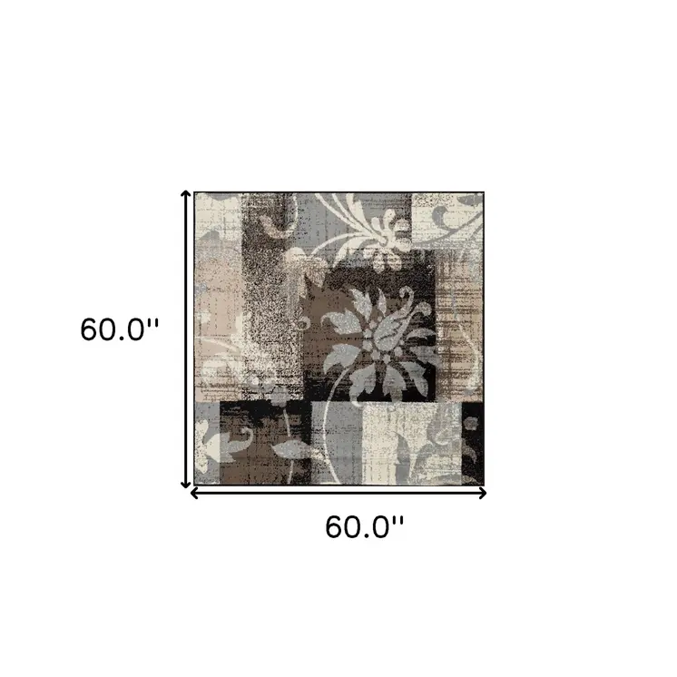 5' Beige And Black Floral Distressed Square Rug