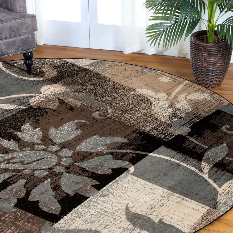 8' Beige Brown and Gray Floral Distressed Round Rug