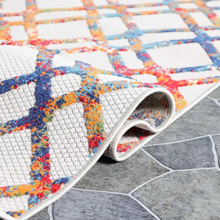 7' X 9' Cream Geometric Stain Resistant Non Skid Indoor Outdoor Area Rug