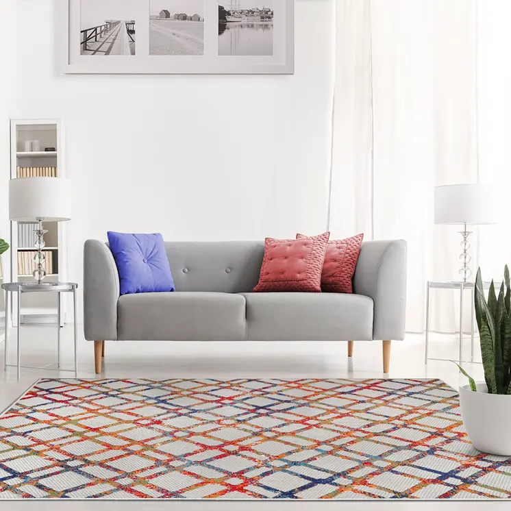 7' X 9' Cream Geometric Stain Resistant Non Skid Indoor Outdoor Area Rug