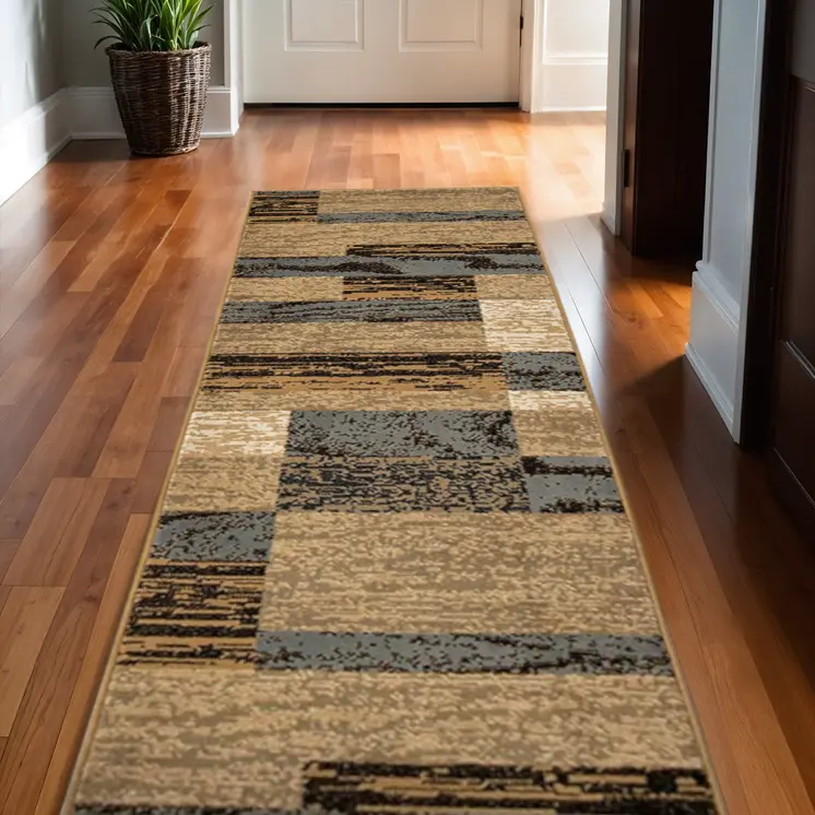 10' Light Blue-Beige Patchwork Power Loom Stain Resistant Runner Rug