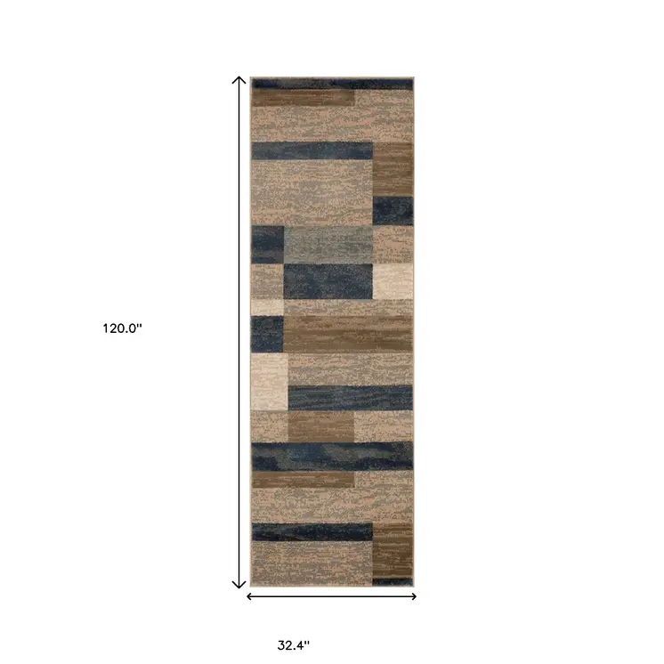 10' Midnight Navy Patchwork Power Loom Stain Resistant Runner Rug