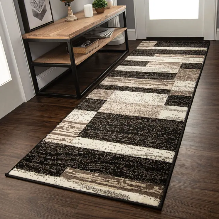 8' Chocolate Patchwork Power Loom Stain Resistant Runner Rug
