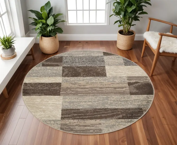 8' Brown And Beige Patchwork Round Rug