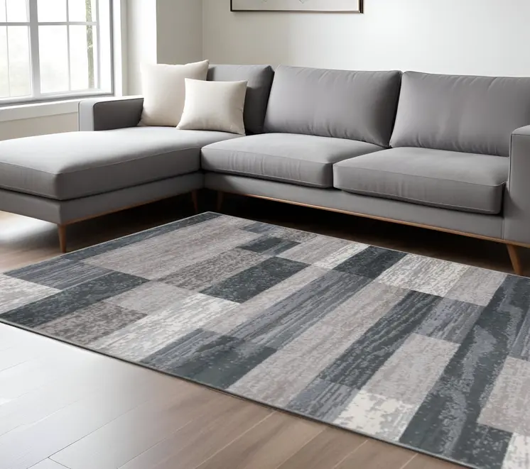 8' X 10' Blue And Taupe Patchwork Power Loom Stain Resistant Area Rug
