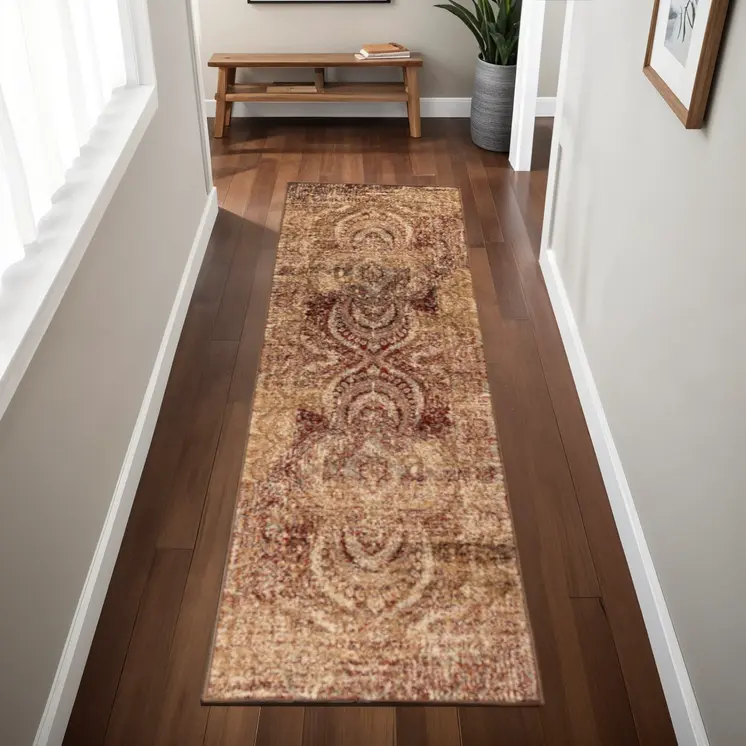 8' Maroon And Gold Abstract Power Loom Distressed Stain Resistant Runner Rug