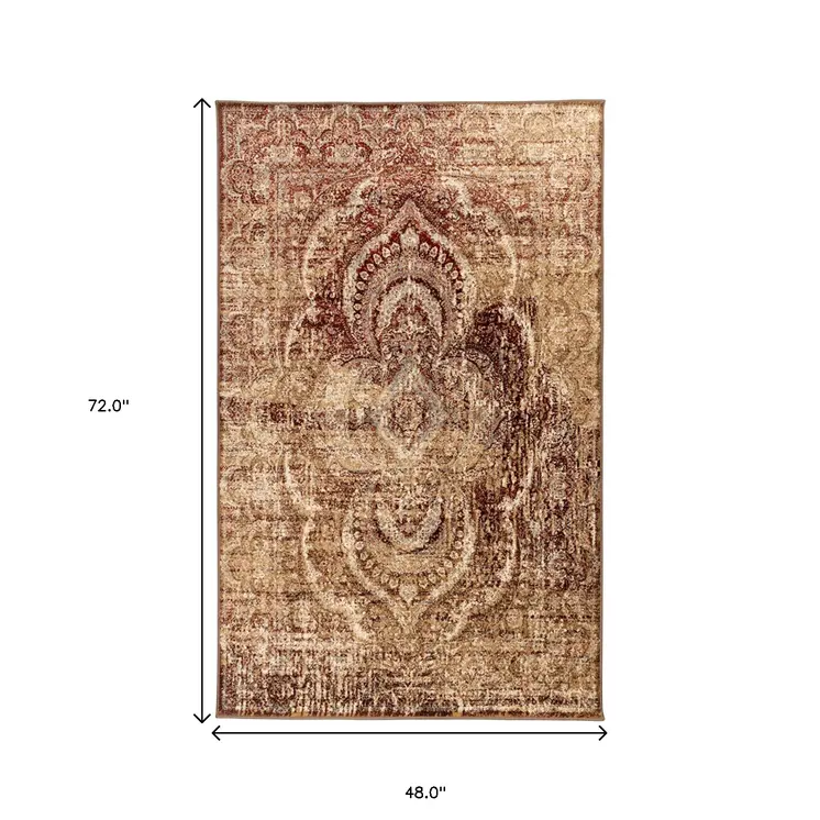 4' X 6' Maroon And Gold Abstract Distressed Area Rug