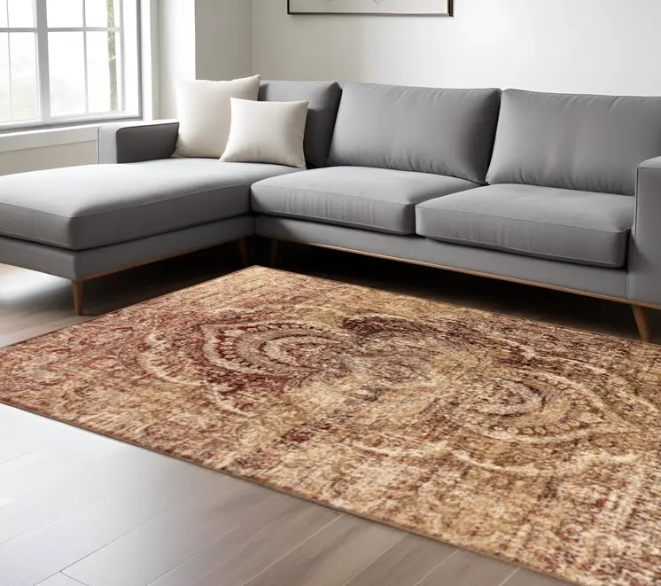 9' X 12' Maroon And Gold Abstract Power Loom Distressed Stain Resistant Area Rug