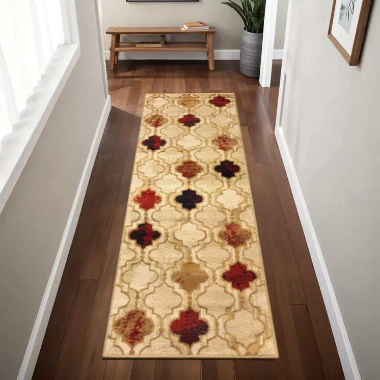 8' Beige Quatrefoil Power Loom Distressed Stain Resistant Runner Rug