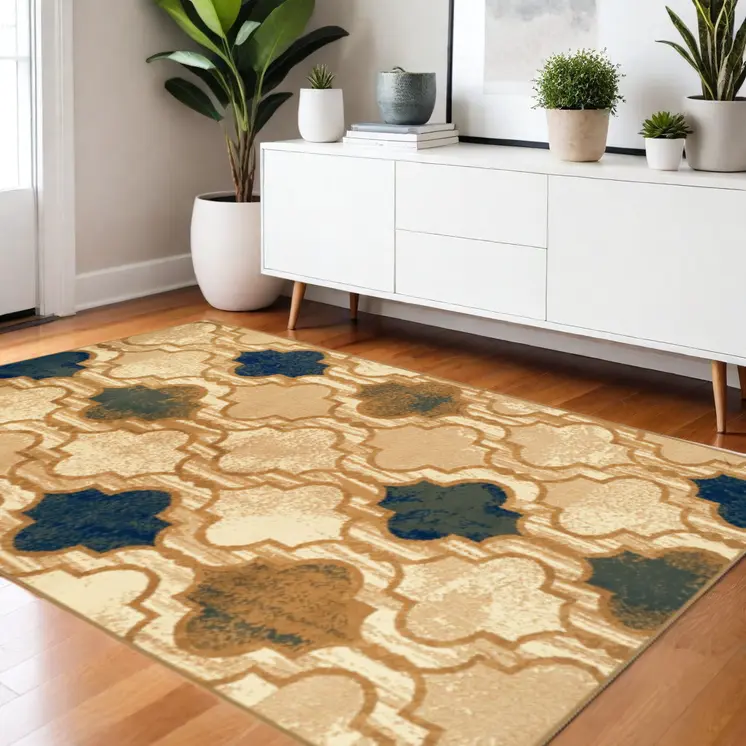 4' X 6' Cream Quatrefoil Power Loom Distressed Stain Resistant Area Rug