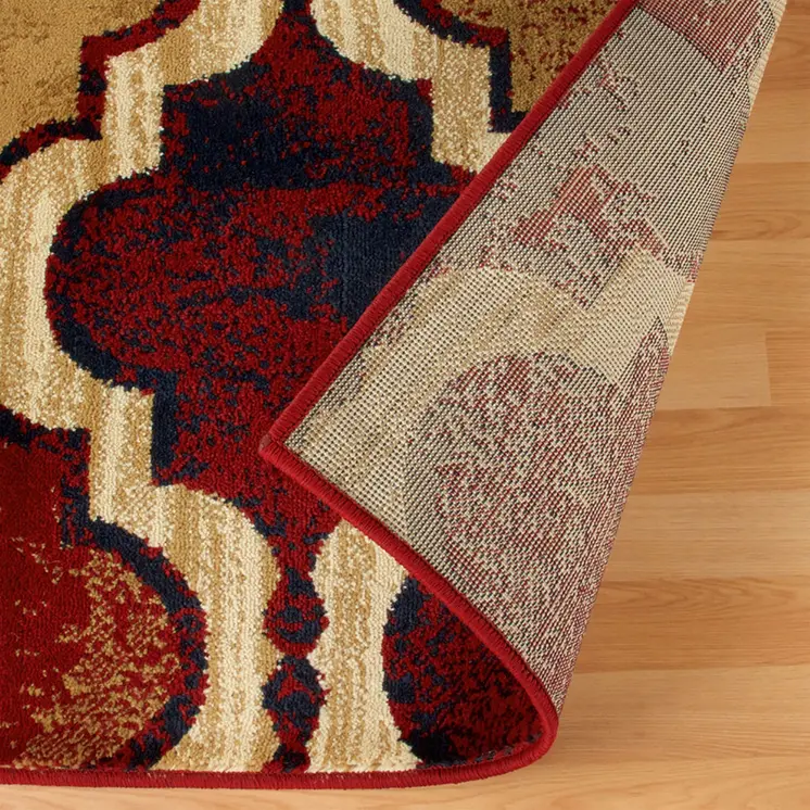 4' X 6' Red Blue Quatrefoil Power Loom Distressed Stain Resistant Area Rug