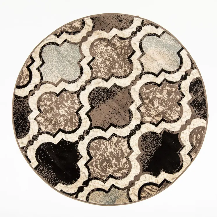5' Ivory Brown And Black Quatrefoil Distressed Round Rug