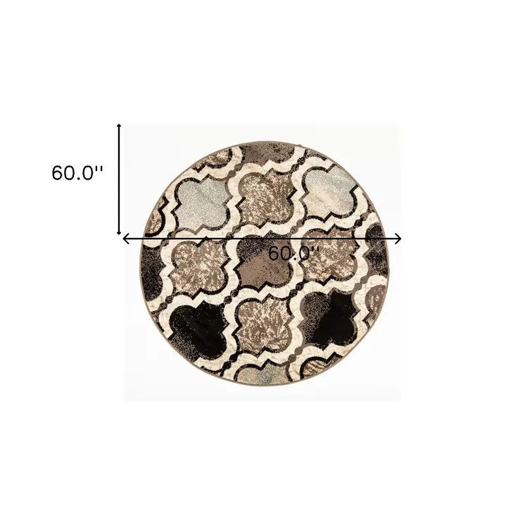 5' Ivory Brown And Black Quatrefoil Distressed Round Rug