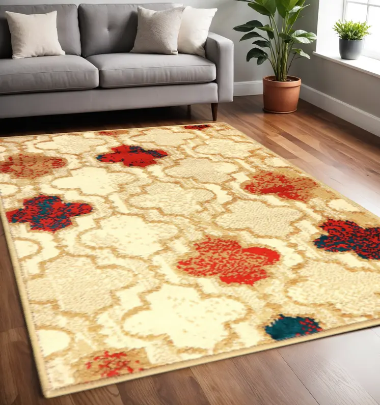 5' X 8' Beige Quatrefoil Power Loom Distressed Stain Resistant Area Rug