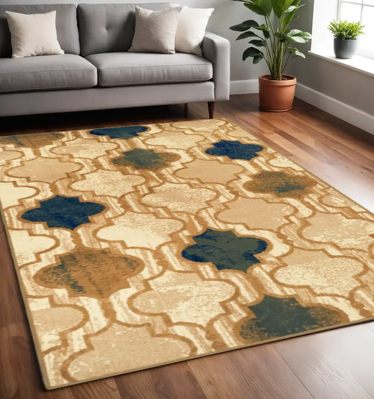 5' X 8' Cream Quatrefoil Power Loom Distressed Stain Resistant Area Rug