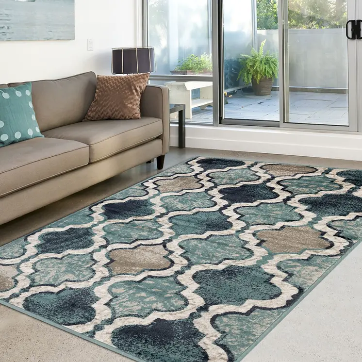 7' X 9' Deep Royal Quatrefoil Power Loom Distressed Stain Resistant Area Rug