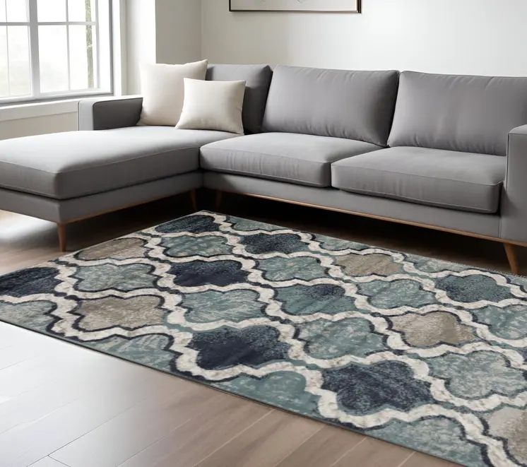 7' X 9' Deep Royal Quatrefoil Power Loom Distressed Stain Resistant Area Rug