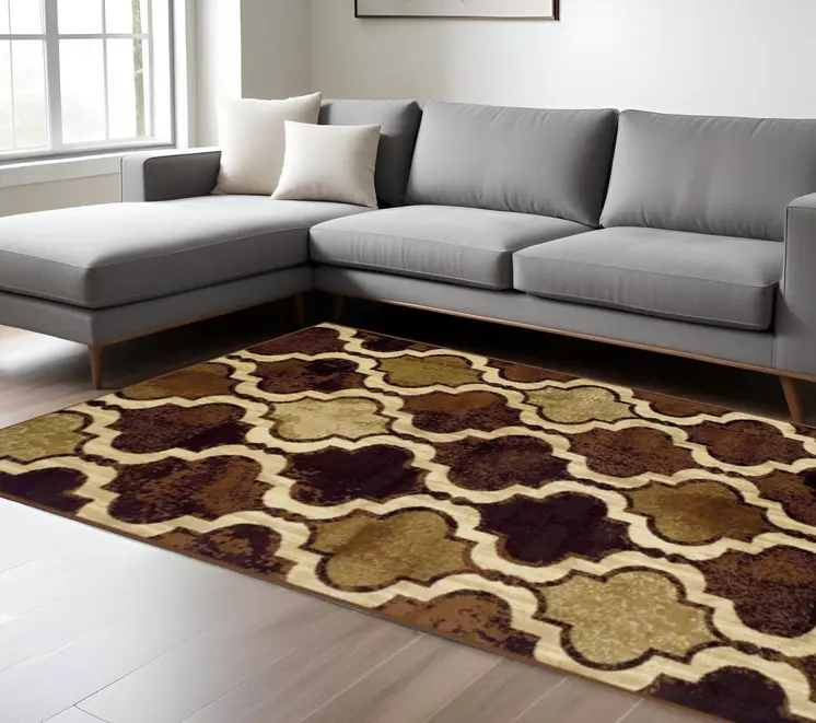 8' X 10' Coffee Quatrefoil Power Loom Distressed Stain Resistant Area Rug