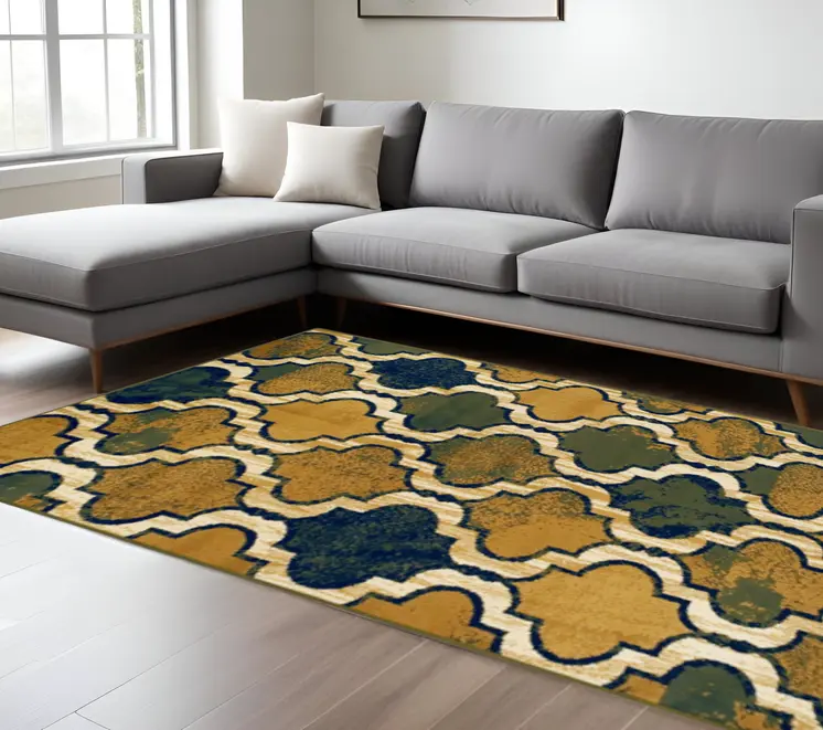 8' X 10' Green Quatrefoil Power Loom Distressed Stain Resistant Area Rug