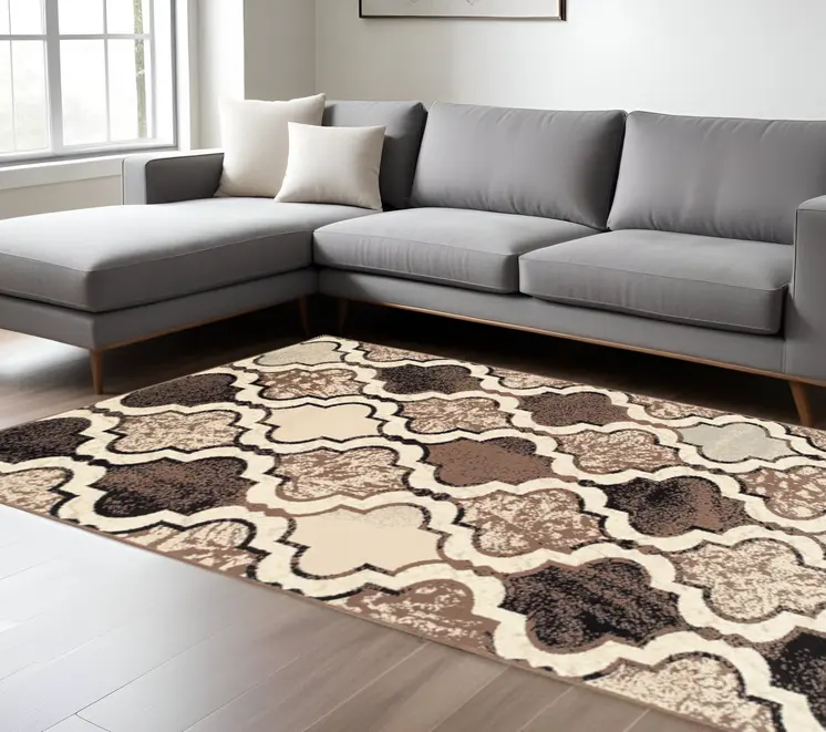8' X 10' Ivory Quatrefoil Power Loom Distressed Stain Resistant Area Rug