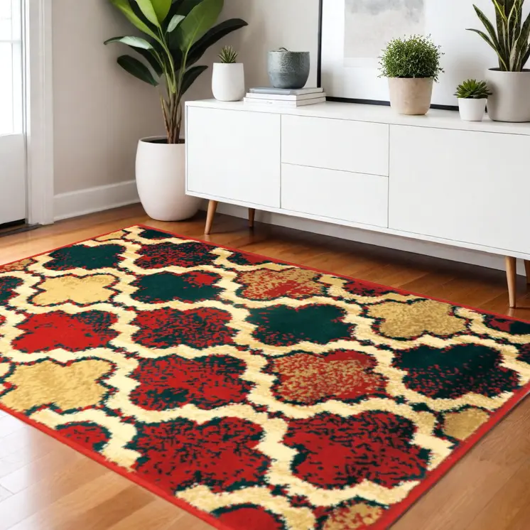 8' X 10' Red Blue Quatrefoil Power Loom Distressed Stain Resistant Area Rug