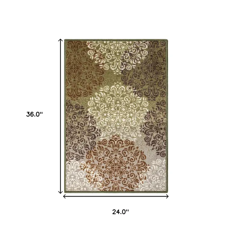 2' X 3' Brown Green And Ivory Floral Area Rug