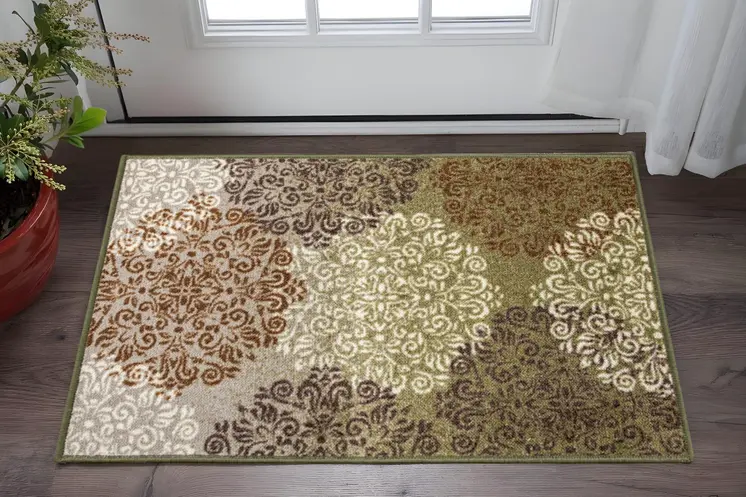 2' X 3' Brown Green And Ivory Floral Area Rug