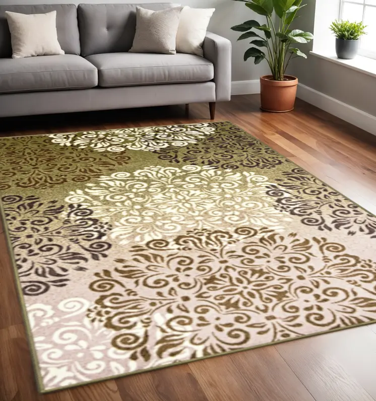 5' X 8' Greens And Browns Floral Power Loom Non Skid Area Rug