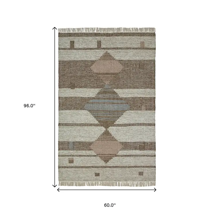 5' X 8' Gray Geometric Flatweave Handmade Area Rug With Fringe