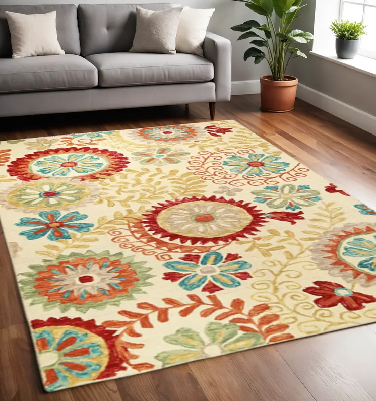 5' X 8' Cream Wool Medallion Tufted Handmade Stain Resistant Area Rug